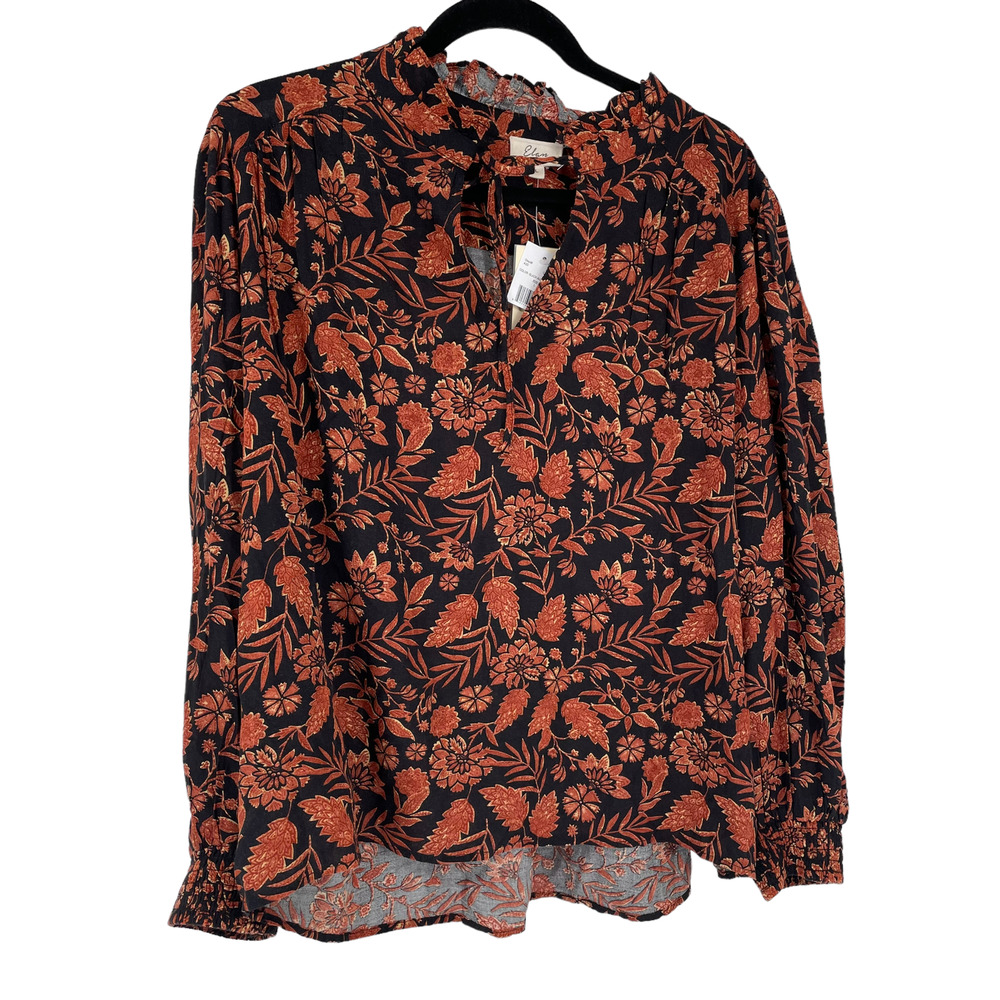 029 New Elan Black Autumn Print Peasant Blouse Large